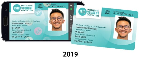 Abbild der ISIC aus 2019 als virtuelle und Plastikkarte.